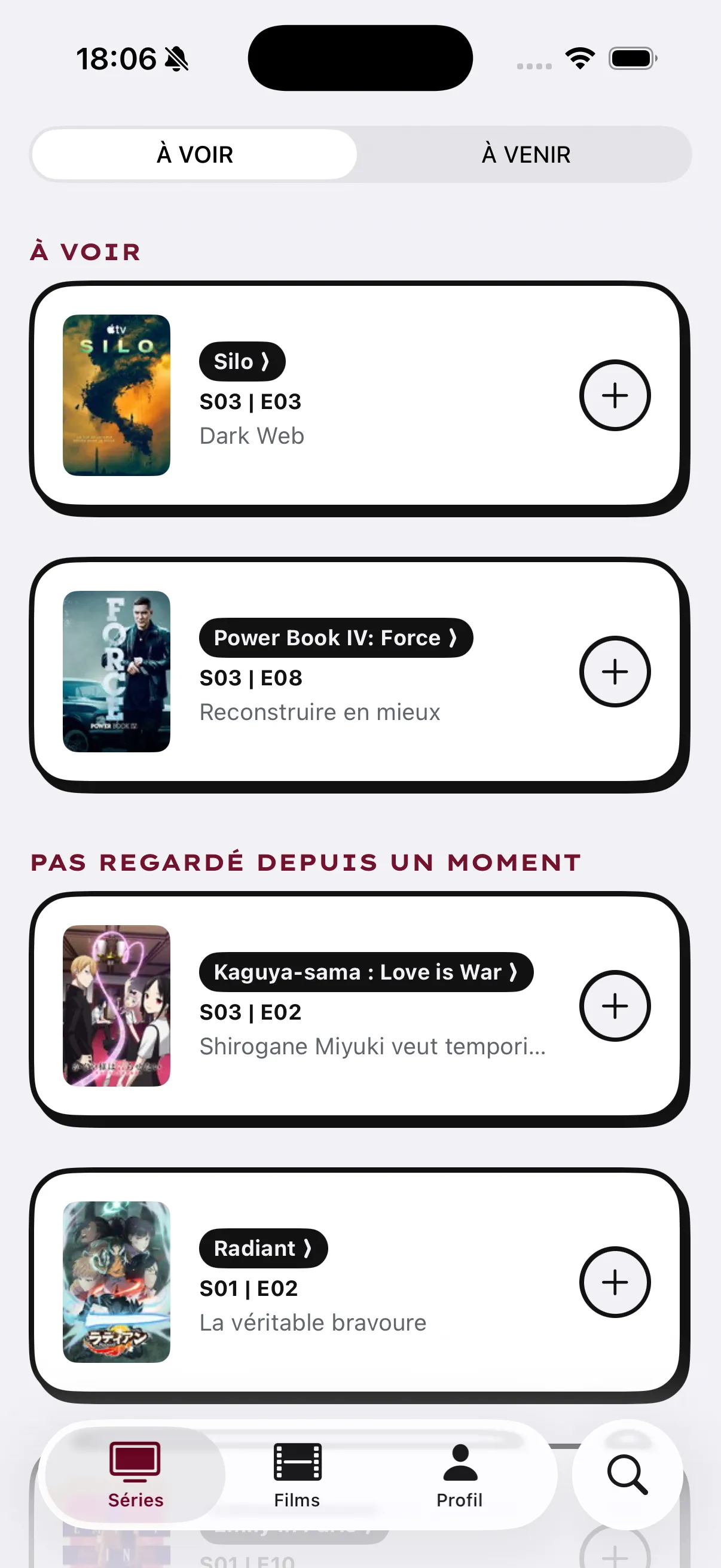 L'écran Séries d'AtmosTV, avec les prochains épisodes à regarder