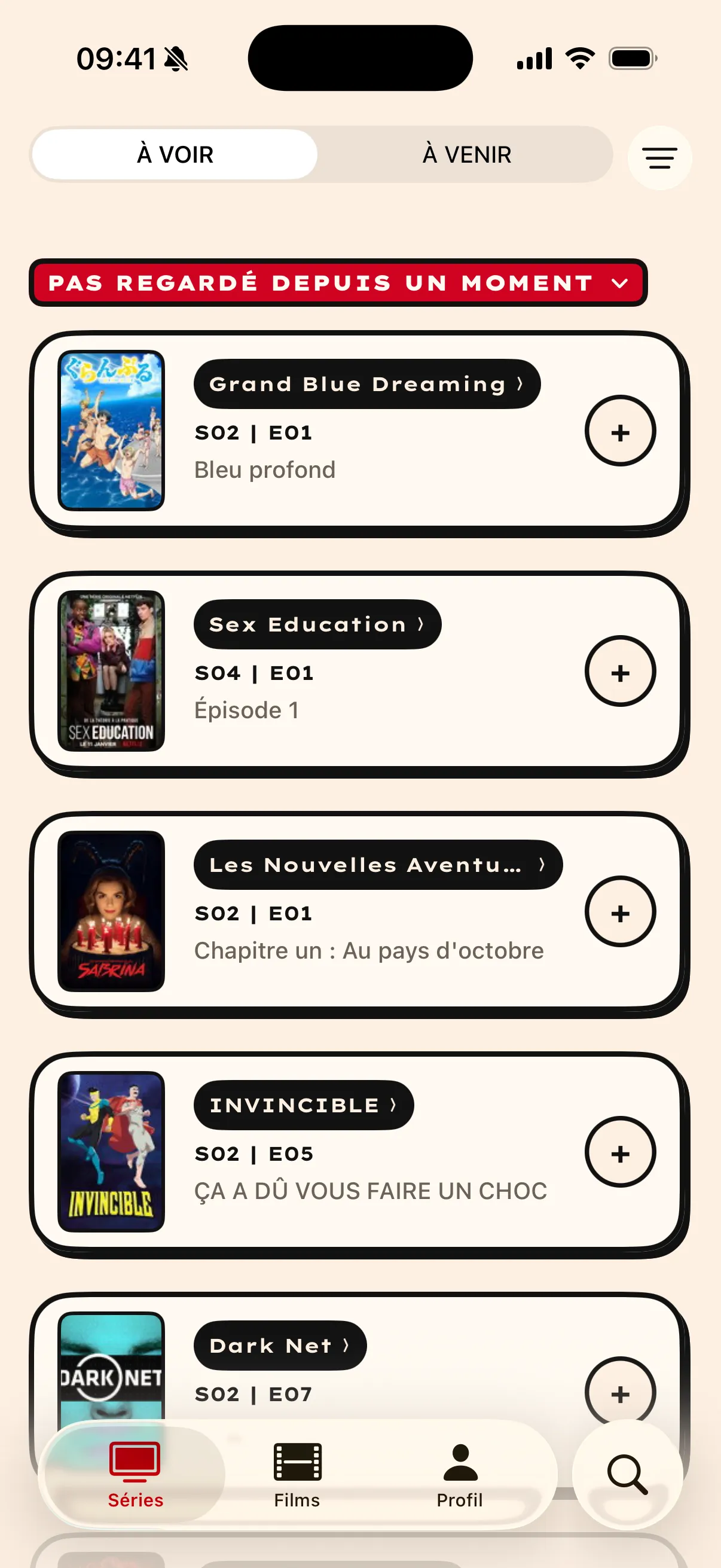 L'écran Séries d'AtmosTV, section « pas regardé depuis un moment »
