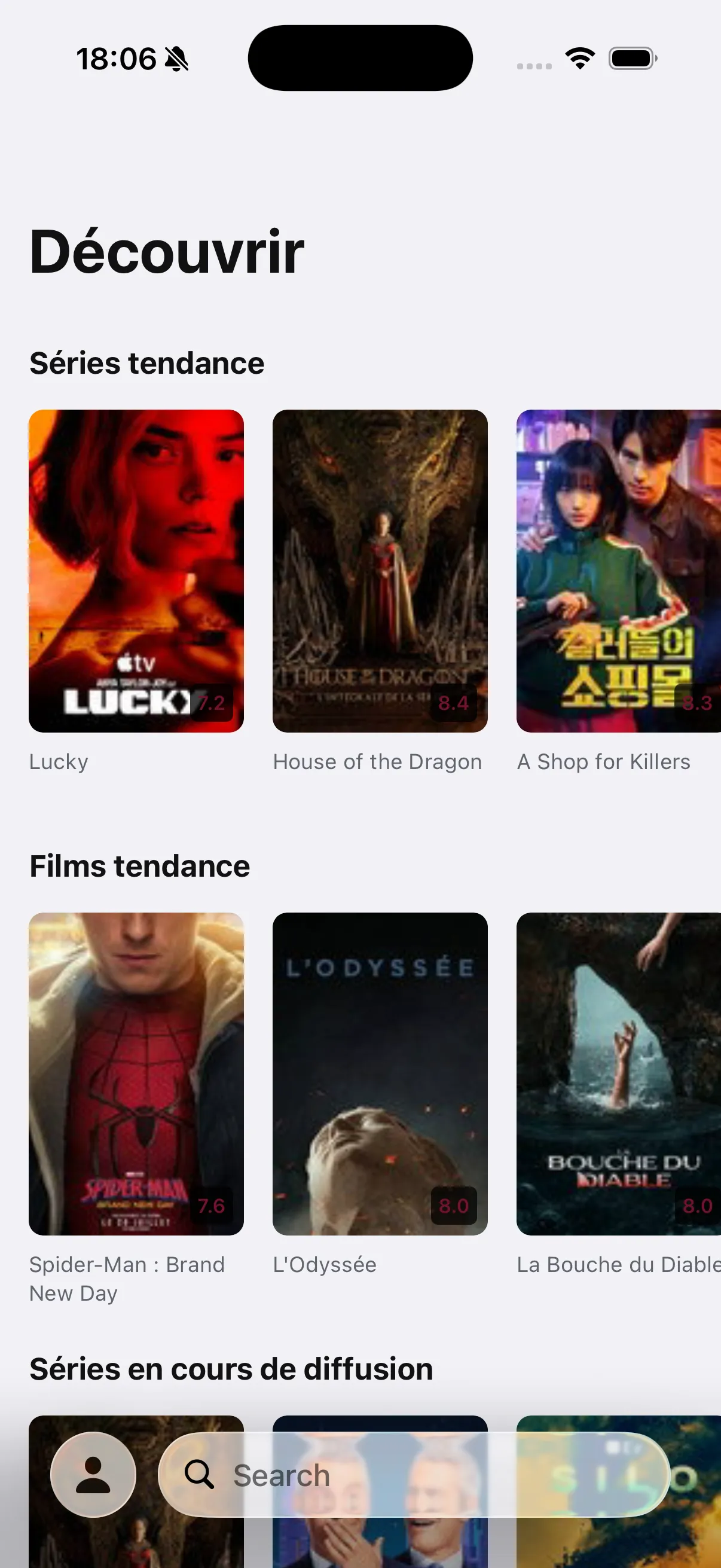 L'écran Découvrir d'AtmosTV, avec les séries et films tendance